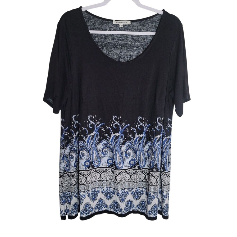 Rose + Olive Tunic Top T Shirt Women's Plus Size 1X Black Blue Paisley Boho